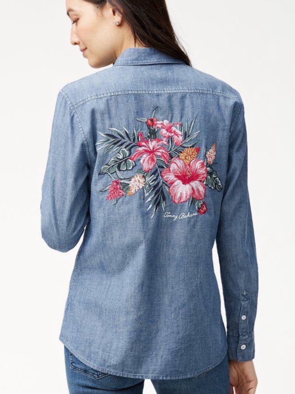 TOMMY BAHAMA Casa De Hibiscus Embroidered Long Sleeve Shirt Cotton Linen Size Sm